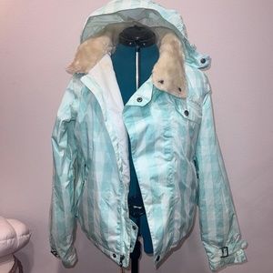 Burton Dutchess Snow Plaid Mint Green Blue Faux Fur Jacket Insulated ski board